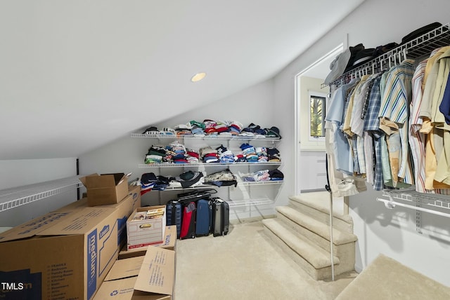 spacious closet featuring lofted ceiling and carpet flooring