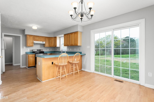 kitchen featuring visible vents, a chandelier, light wood finished floors, stainless steel electric range, and under cabinet range hood