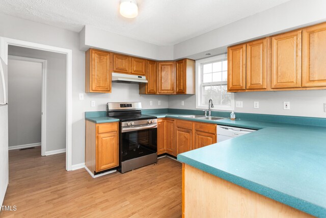 kitchen with a sink, light wood finished floors, stainless steel range with electric stovetop, dishwasher, and under cabinet range hood