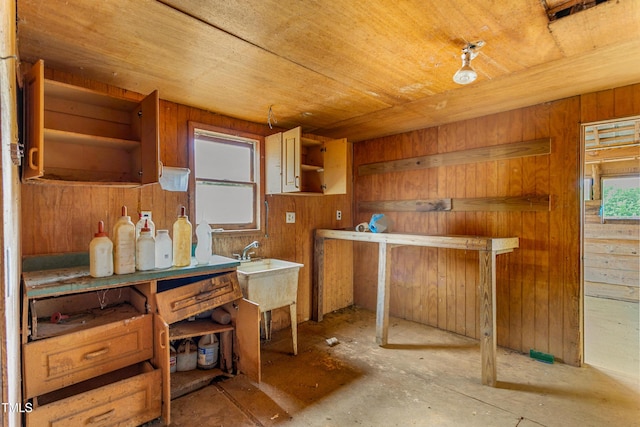 kitchen featuring wooden walls, wooden ceiling, and open shelves