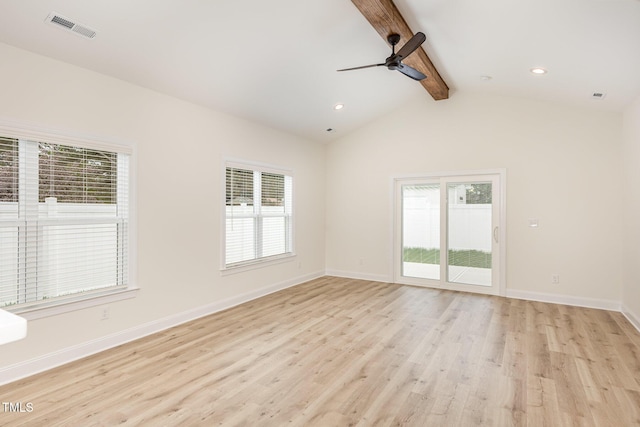 unfurnished room with light wood-type flooring, visible vents, vaulted ceiling with beams, and ceiling fan