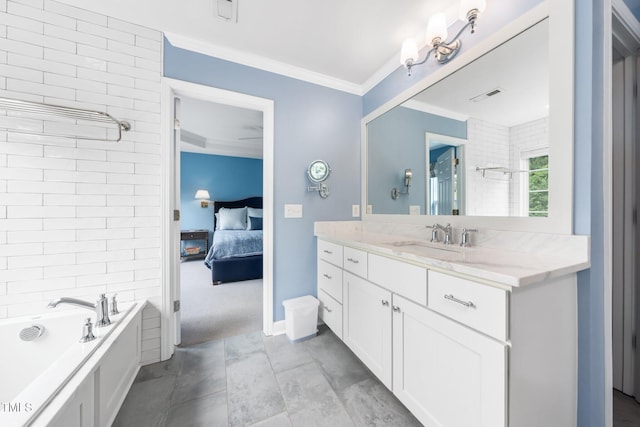 ensuite bathroom featuring a bathtub, crown molding, vanity, a shower, and baseboards