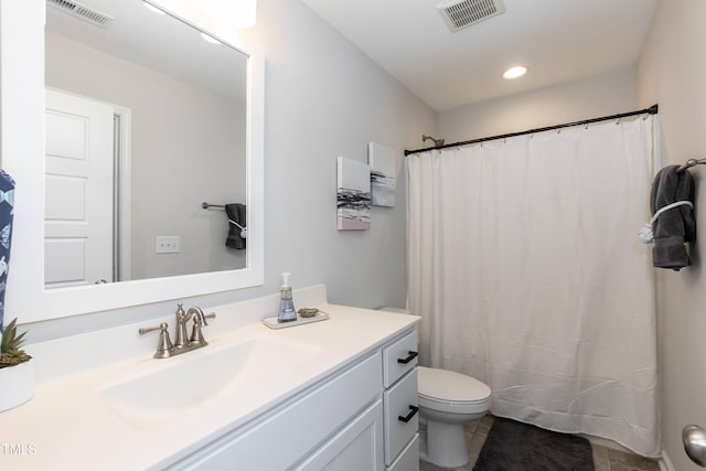 bathroom with vanity, toilet, recessed lighting, tile patterned flooring, and a shower with curtain