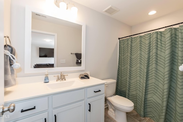 full bath with toilet, vanity, curtained shower, tile patterned floors, and recessed lighting