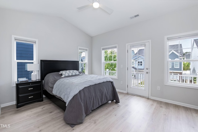bedroom with access to outside, light wood finished floors, vaulted ceiling, baseboards, and ceiling fan