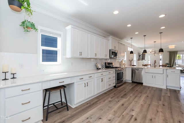 kitchen with appliances with stainless steel finishes, a peninsula, a sink, white cabinetry, and decorative backsplash
