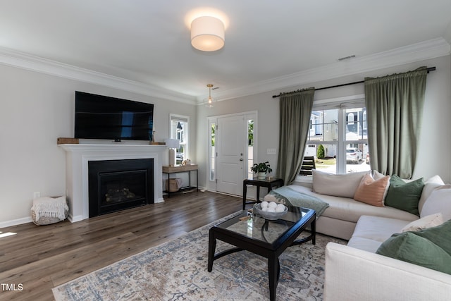 living area with crown molding, wood finished floors, a fireplace, and baseboards