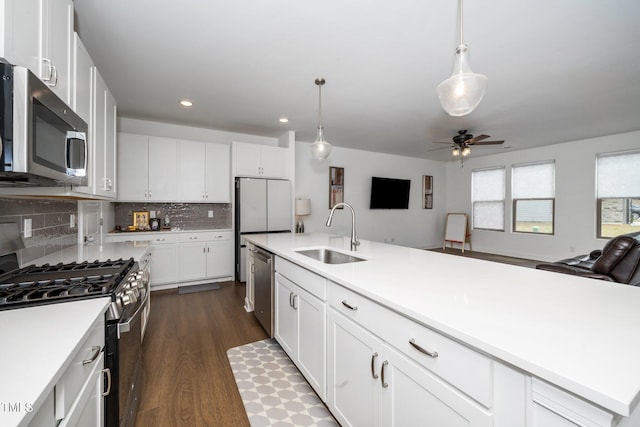 2129 Mars Hill Ln, Apex, NC 27502 - kitchen with light countertops, dark wood finished floors, stainless steel appliances, a sink, and ceiling fan