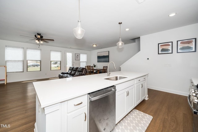 2129 Mars Hill Ln, Apex, NC 27502 - kitchen with stainless steel dishwasher, open floor plan, dark wood-style flooring, and a sink