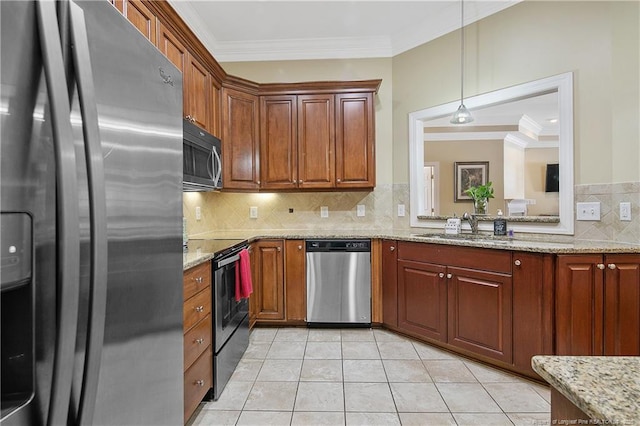 kitchen featuring tasteful backsplash, light tile patterned floors, ornamental molding, stainless steel appliances, and a sink