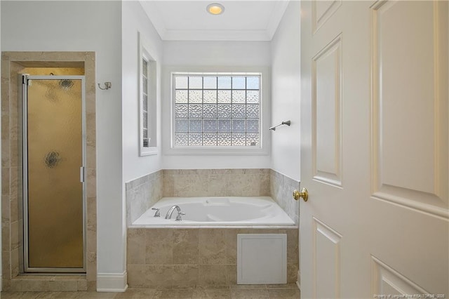 full bathroom with a garden tub, ornamental molding, and a stall shower
