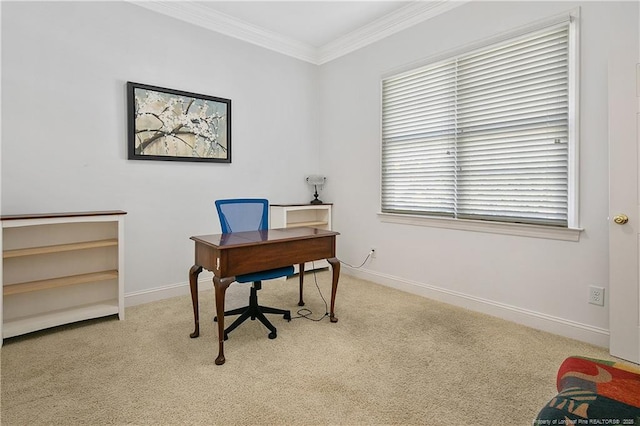 home office featuring carpet flooring, baseboards, and ornamental molding