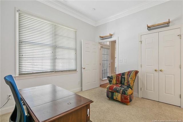 home office featuring baseboards, carpet floors, and crown molding