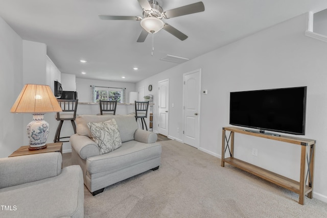 918 E Green St Unit F105, Franklinton, NC 27525 - living room featuring light carpet, baseboards, recessed lighting, and ceiling fan