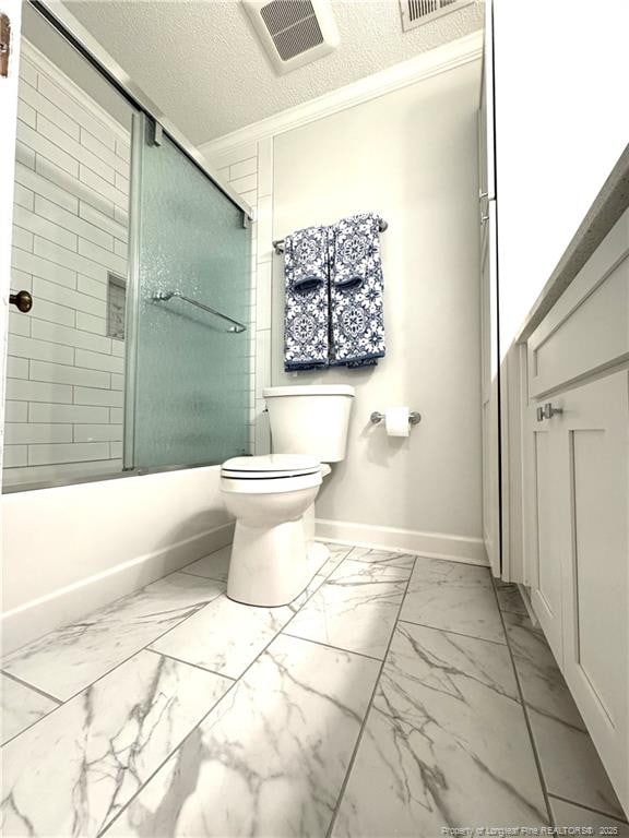 bathroom with a textured ceiling, visible vents, baseboards, marble finish floor, and toilet