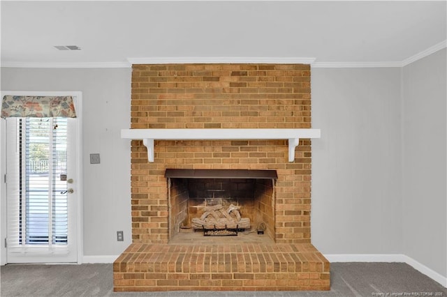 interior details featuring baseboards, carpet flooring, crown molding, and a brick fireplace
