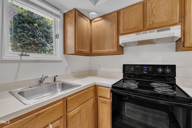 1442 Barton Place Dr, Raleigh, NC 27608 - kitchen with black electric range oven, under cabinet range hood, light countertops, and a sink