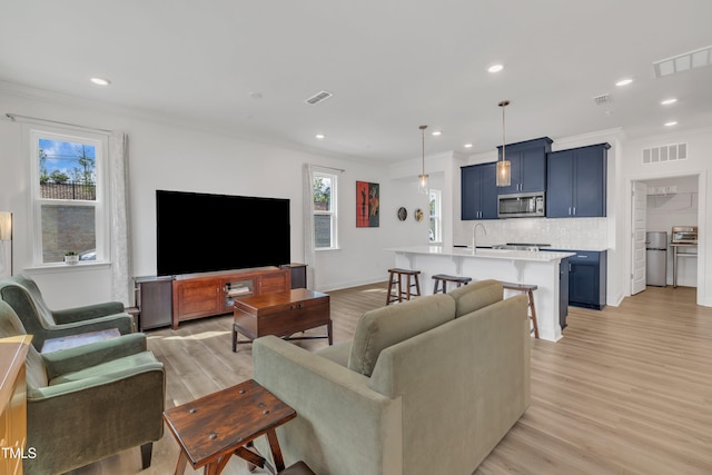 living area featuring crown molding and visible vents