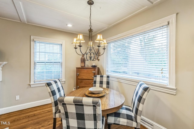 418 S 2nd St, Smithfield, NC 27577 - dining space with baseboards, recessed lighting, wood finished floors, and a notable chandelier
