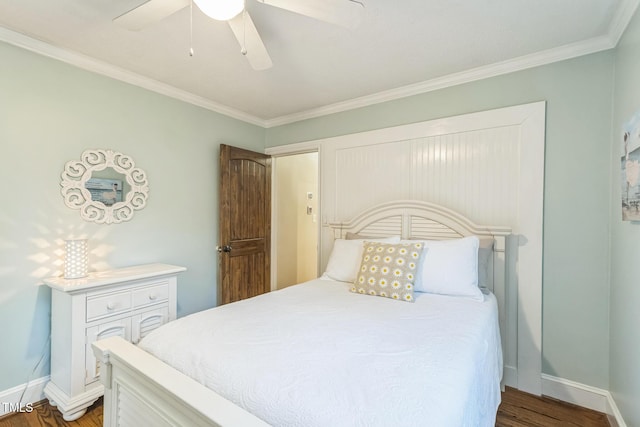 418 S 2nd St, Smithfield, NC 27577 - bedroom with baseboards, ornamental molding, a ceiling fan, and wood finished floors