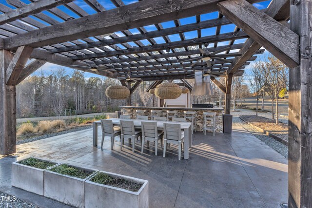view of patio featuring a pergola, outdoor dry bar, and area for grilling