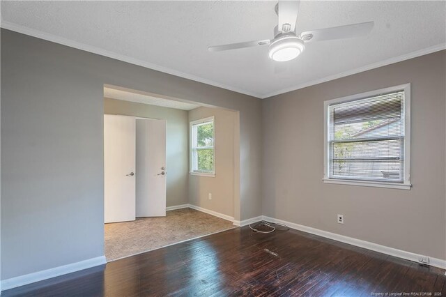 6026 Cornish St, Fayetteville, NC 28314 - spare room with wood-type flooring, a ceiling fan, baseboards, ornamental molding, and a textured ceiling