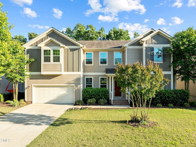view of front of property with board and batten siding, an attached garage, a front lawn, and concrete driveway