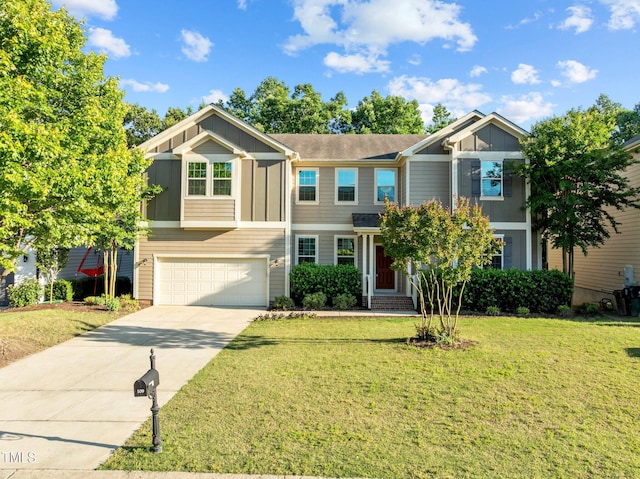 view of front of home with board and batten siding, a garage, driveway, and a front lawn