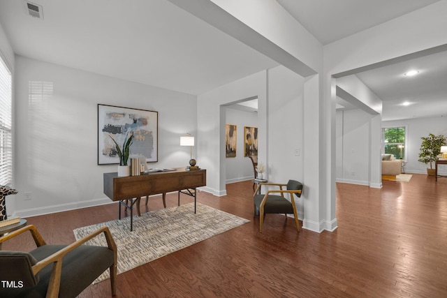 office with wood finished floors, baseboards, and recessed lighting