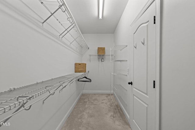 walk in closet featuring light carpet