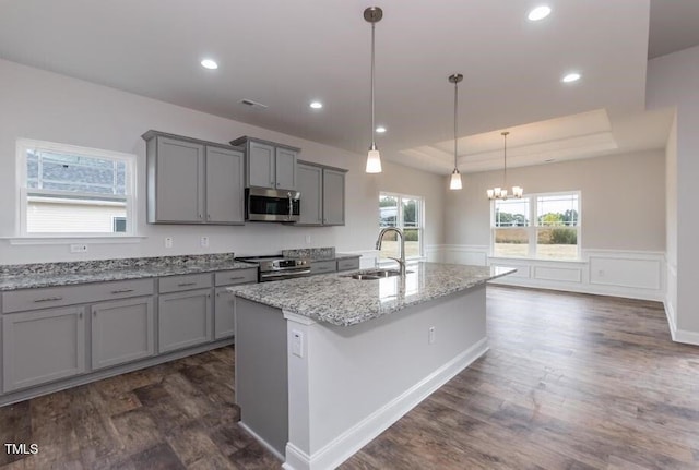 kitchen featuring appliances with stainless steel finishes, a sink, gray cabinets, a tray ceiling, and an island with sink