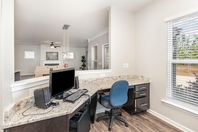 3360 Bordwell Ridge Dr, New Hill, NC 27562 - office space featuring baseboards, a ceiling fan, ornamental molding, and wood finished floors