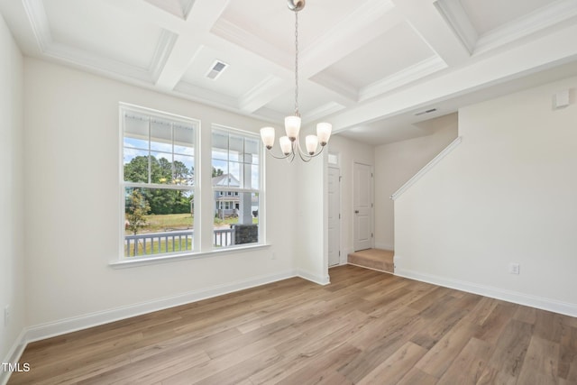 unfurnished dining area with a chandelier, coffered ceiling, light wood-type flooring, beam ceiling, and baseboards