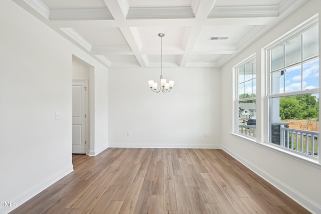 unfurnished dining area with a chandelier, light wood-style flooring, beam ceiling, coffered ceiling, and baseboards