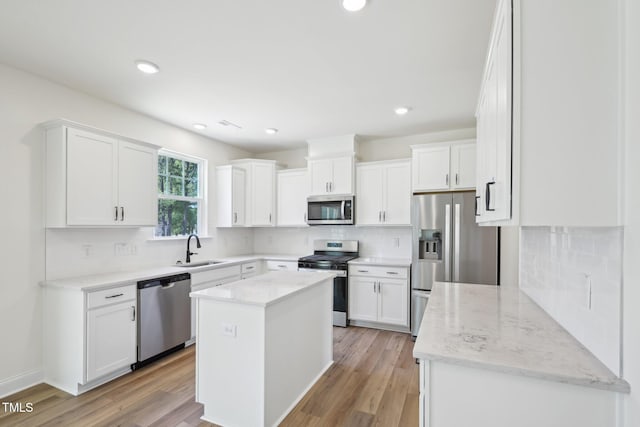kitchen with appliances with stainless steel finishes, a sink, decorative backsplash, white cabinetry, and recessed lighting
