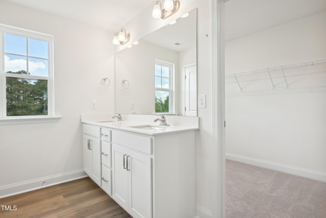 full bathroom with a walk in closet, baseboards, and double vanity