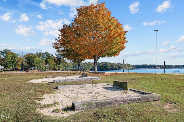 view of community featuring a water view and a lawn