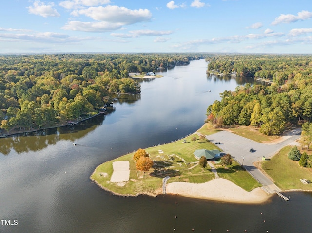 bird's eye view with a wooded view and a water view