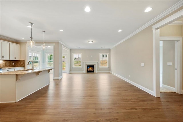 1075 Fairhaven Dr Lot 51, Mebane, NC 27302 - kitchen with a breakfast bar, wood finished floors, light stone counters, recessed lighting, and decorative backsplash