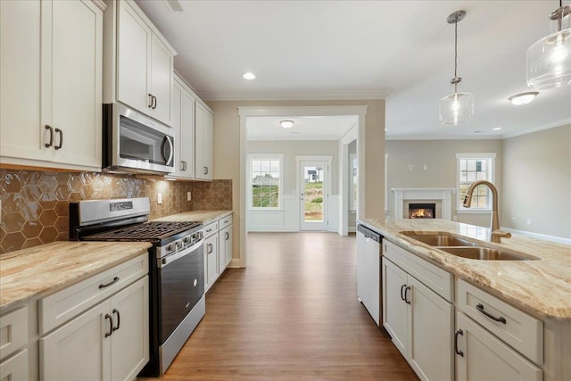 1075 Fairhaven Dr Lot 51, Mebane, NC 27302 - kitchen featuring stainless steel appliances, a sink, crown molding, decorative backsplash, and wood finished floors
