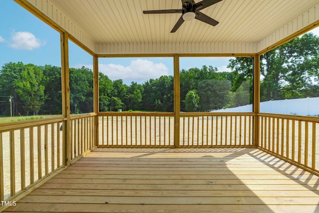 4924 Zebulon Rd, Zebulon, NC 27597 - wooden terrace featuring a ceiling fan and view of scattered trees
