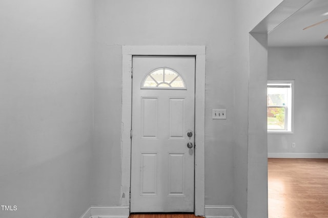 foyer entrance with baseboards and wood finished floors
