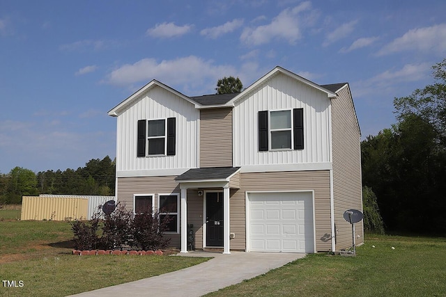 116 Nathans Way, Norlina, NC 27563 - traditional-style house featuring a front yard, a garage, board and batten siding, fence, and concrete driveway
