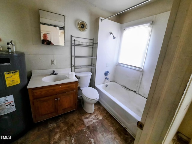 full bathroom with water heater, bathtub / shower combination, vanity, and toilet