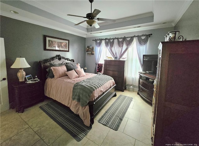 921 Satinwood Ct, Fayetteville, NC 28312 - bedroom with crown molding, a raised ceiling, light tile patterned floors, and a ceiling fan