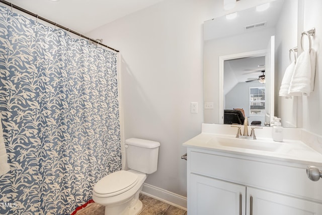 full bath featuring visible vents, baseboards, toilet, ceiling fan, and vanity