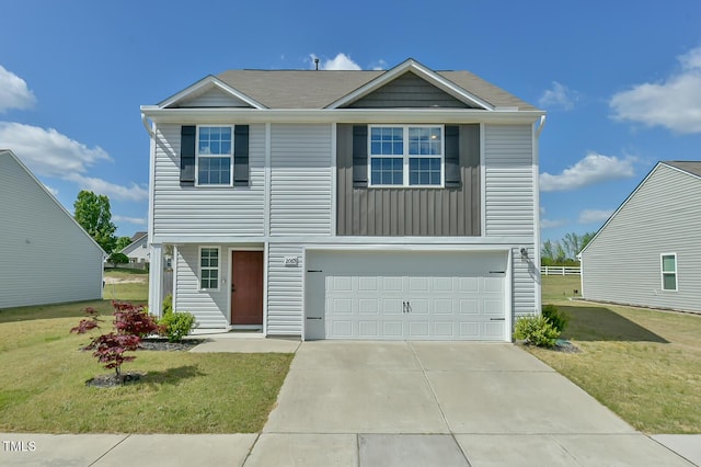 2065 Alderman Way, Creedmoor, NC 27522 - view of front of house featuring board and batten siding, a garage, concrete driveway, and a front lawn