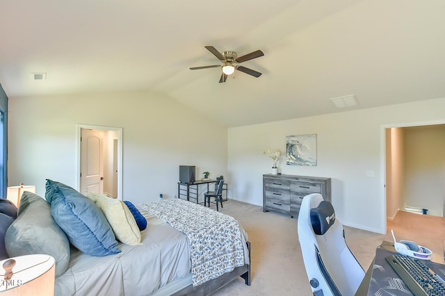 2065 Alderman Way, Creedmoor, NC 27522 - bedroom featuring visible vents, ceiling fan, vaulted ceiling, and light carpet