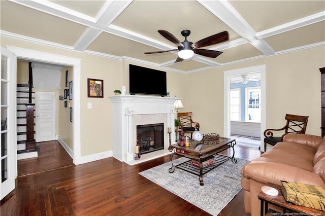 416 N Main St, Raeford, NC 28376 - living room with coffered ceiling, wood finished floors, a fireplace, and a ceiling fan