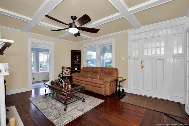 416 N Main St, Raeford, NC 28376 - living area with coffered ceiling, dark wood-style flooring, baseboards, and a ceiling fan